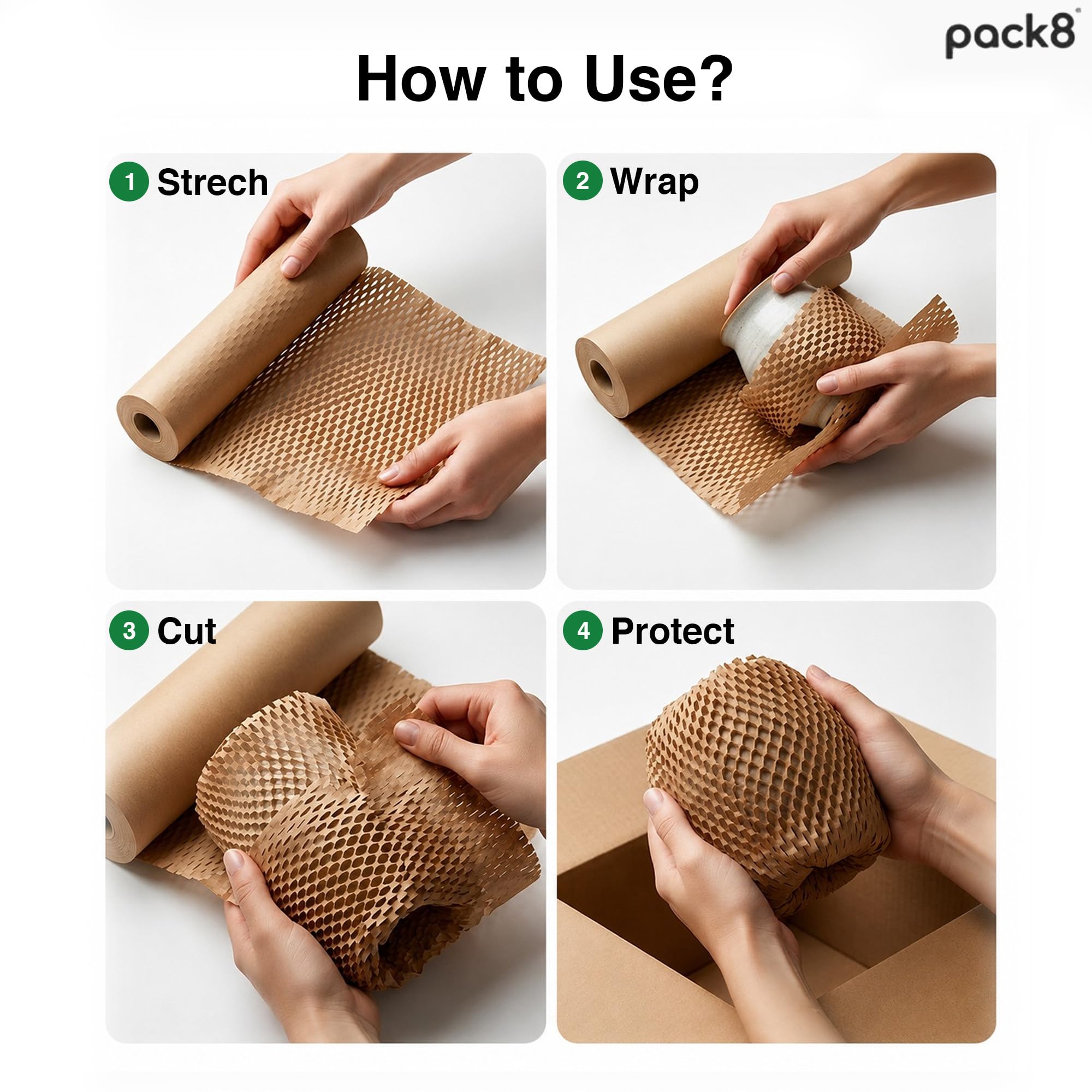 Pack8neo Sustainable Honeycomb Paper Bubble Wrap Roll - 50m x 15", 80 GSM White Packaging Wrap for Cushioning, Packing, Shipping & Moving Fragile Items | Expands 40-50% 3