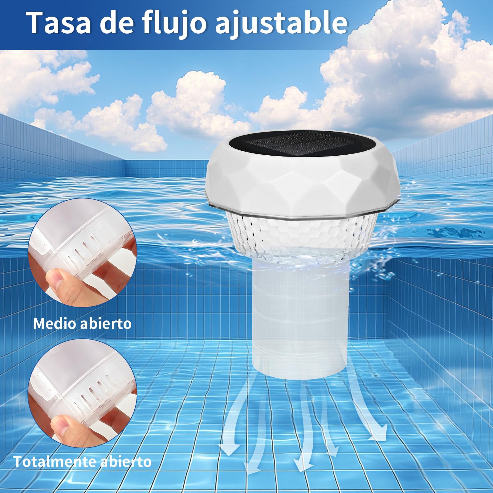 Dispensador Cloro Piscina con Luz Solar LED, Dosificador de Cloro Flotante Flotador de Piscina para Pastillas de Cloro con Anillo de Ajuste de Capacidad