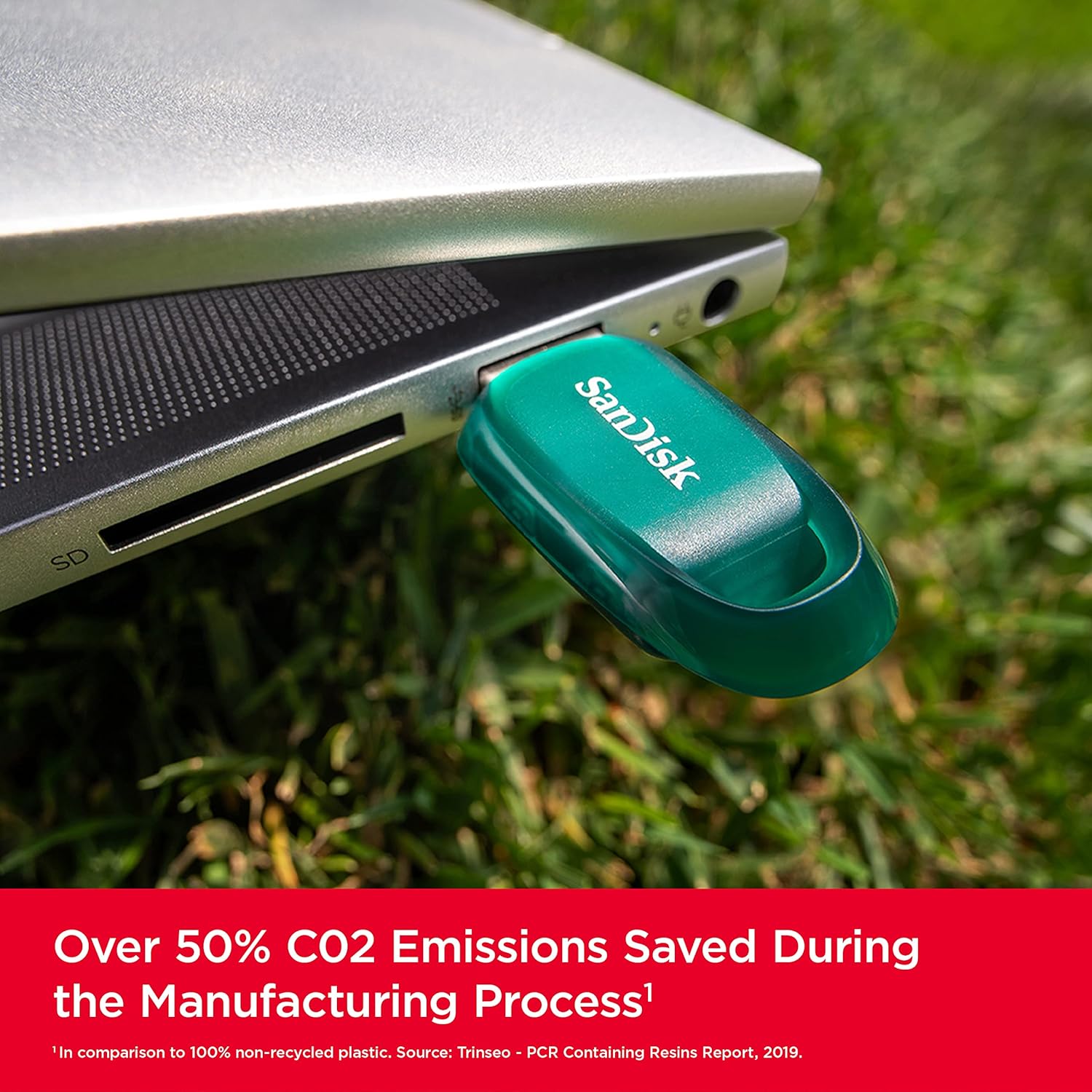 SanDisk Ultra Eco USB Flash Drive with text 'Over 50% CO2 Emissions Saved During the Manufacturing Process'