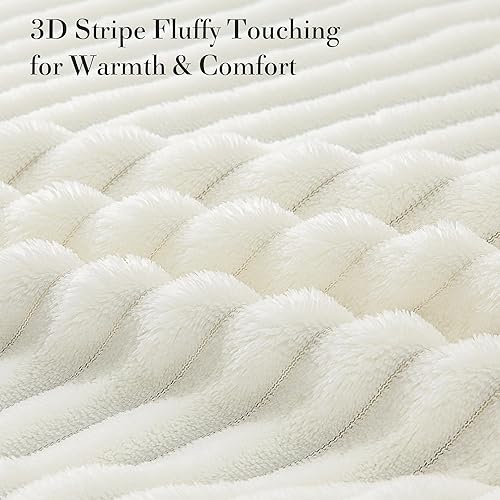 Miniatura 3 de BEDELITE Manta de forro polar para sofá  Manta decorativa a rayas con flecos de pompones, suave y acogedora manta mullida para cama, sofá (blanco,