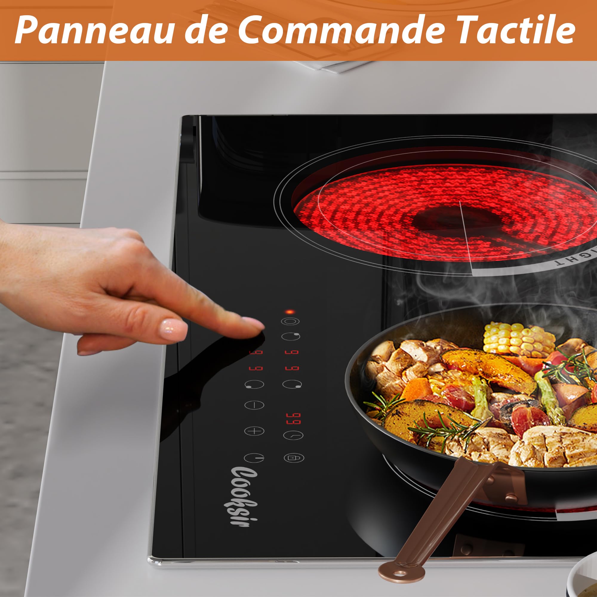 Plaque Vitrocéramique 4 Feux avec Zone Ovale | Plaque de Cuisson Electrique Encastrable 60cm, avec Cadre Métallique, 6700W, Minuterie, Verrouillage de Sécurité, 220V