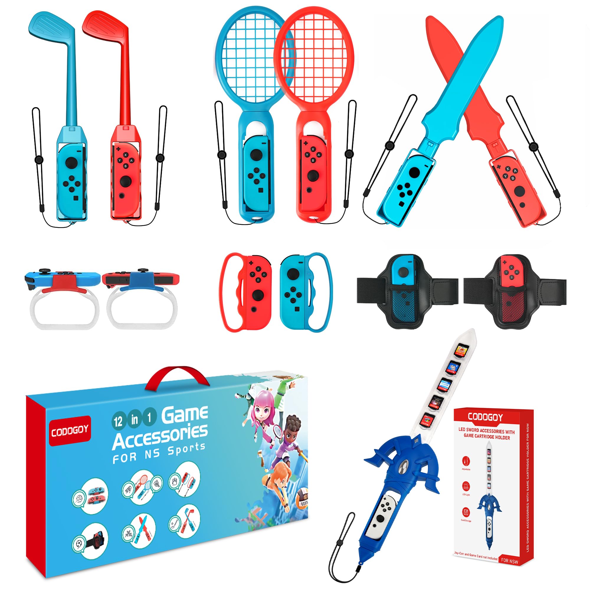 CODOGOY 12 in 1 Switch Sports Accessories Bundle + LED Game Sword Accessories
