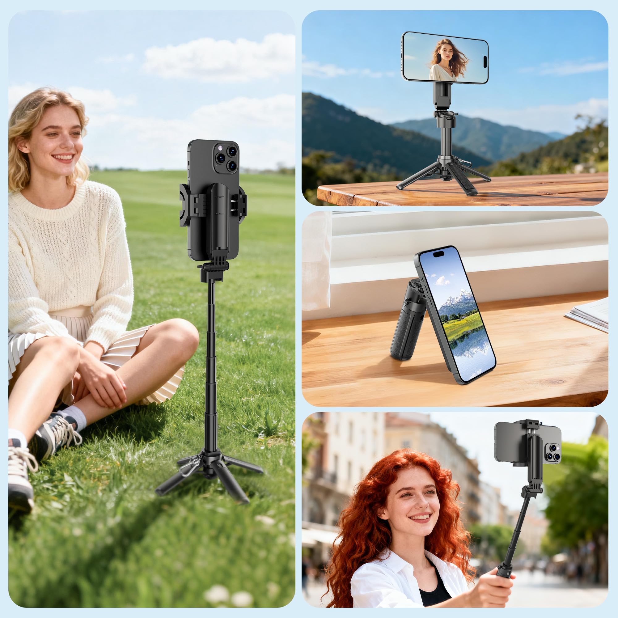 Mini selfie stick magnetico per iPhone, 4 in 1, treppiede portatile tascabile per iPhone MagSafe/Android con supporti remoto/cold shoe, treppiedi piccolo/compatto per cellulare, per scrivania, viaggi