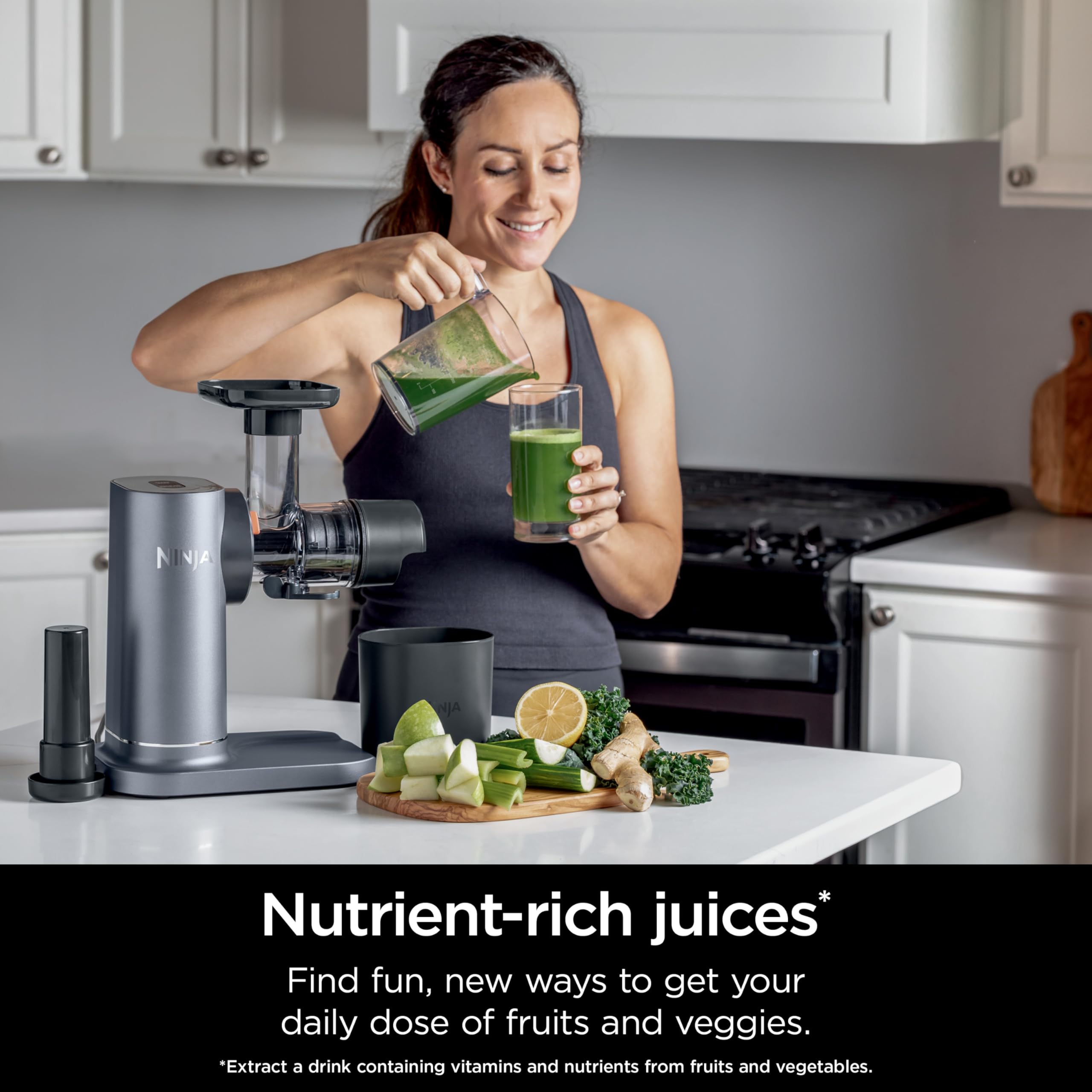 Ninja NeverClog 150 W Cold Press Juicer with 18oz Jug, 30oz Pulp Container, 2-Speed, Compact, Anti-drip lever (JC150) (Renewed)