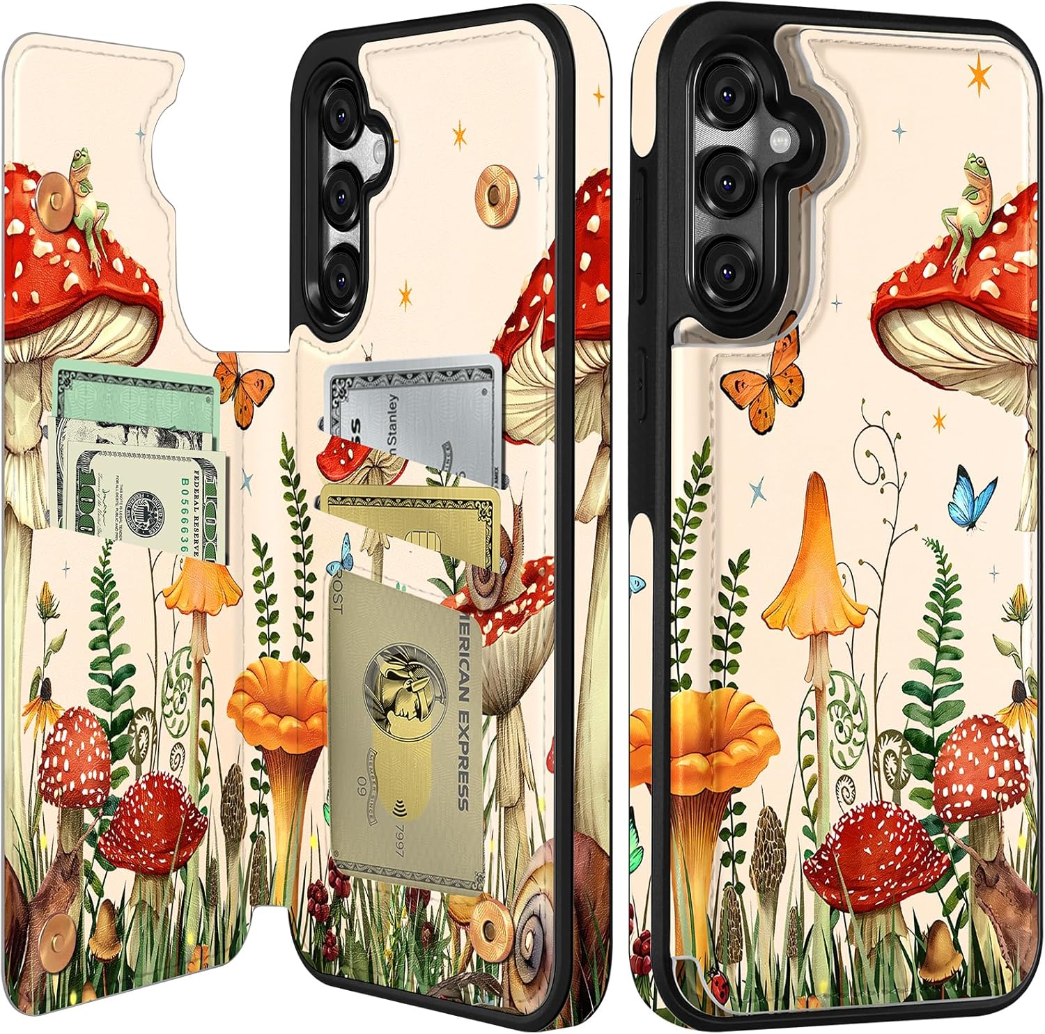 Shorogyt for Samsung Galaxy S23 FE Wallet Case with Card Holder, Designer Mushroom Frog Pattern Kickstand Magnetic Clasp Back Flip Folio Leather Phone Cases for S23 FE for Women Men Girls for Samsung Galaxy S23 FE 24-Pink Mushroom Frog