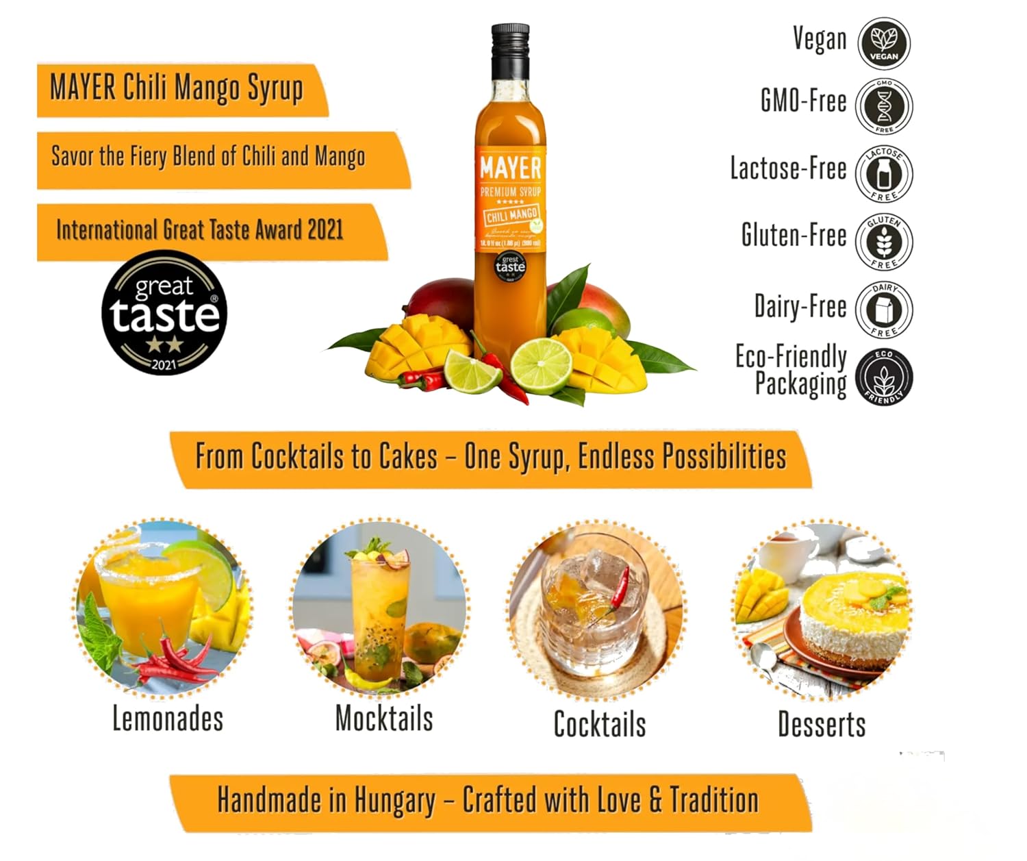 Mayer Premium Chili Mango Syrup – Award-Winning Organic Fruit Syrup, Crafted with 100% Real Fruits, All Natural, Vegan, Gluten-Free – Ideal for Cocktails, Coffee, Desserts, Cocktails (16.9 oz)