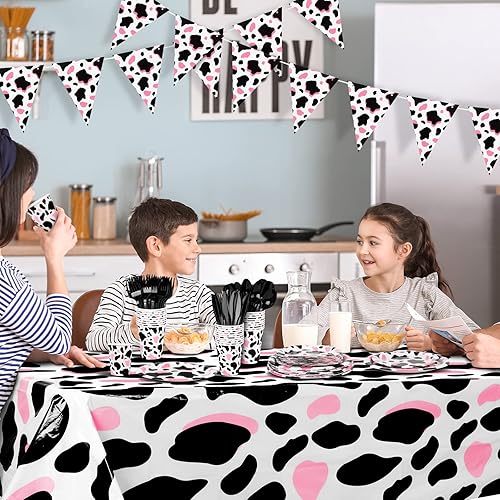 Miniatura 7 de durony 198 piezas de vajilla de fiesta con estampado de vaca rosa, incluyendo platos de fiesta de vaca rosa vaquera, cucharas, tenedores, cuchillos,