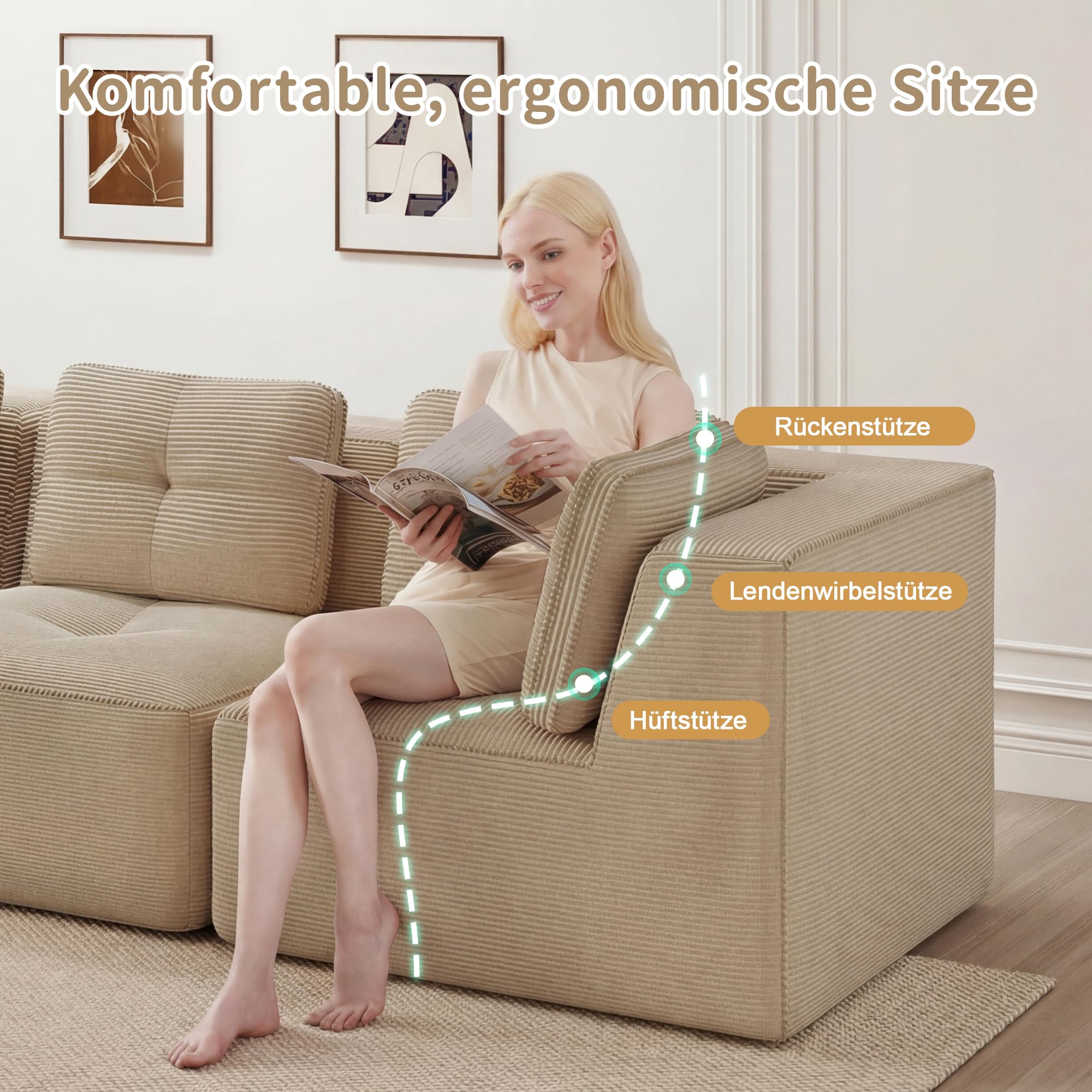 Bladez Sofá modular en forma de U, sofá de 3 plazas moderno de cordón con reposapiés, sofá de asiento profundo sin costuras sin montaje, sofá comprimido, para sala de estar (Beige, 3 plazas+2)