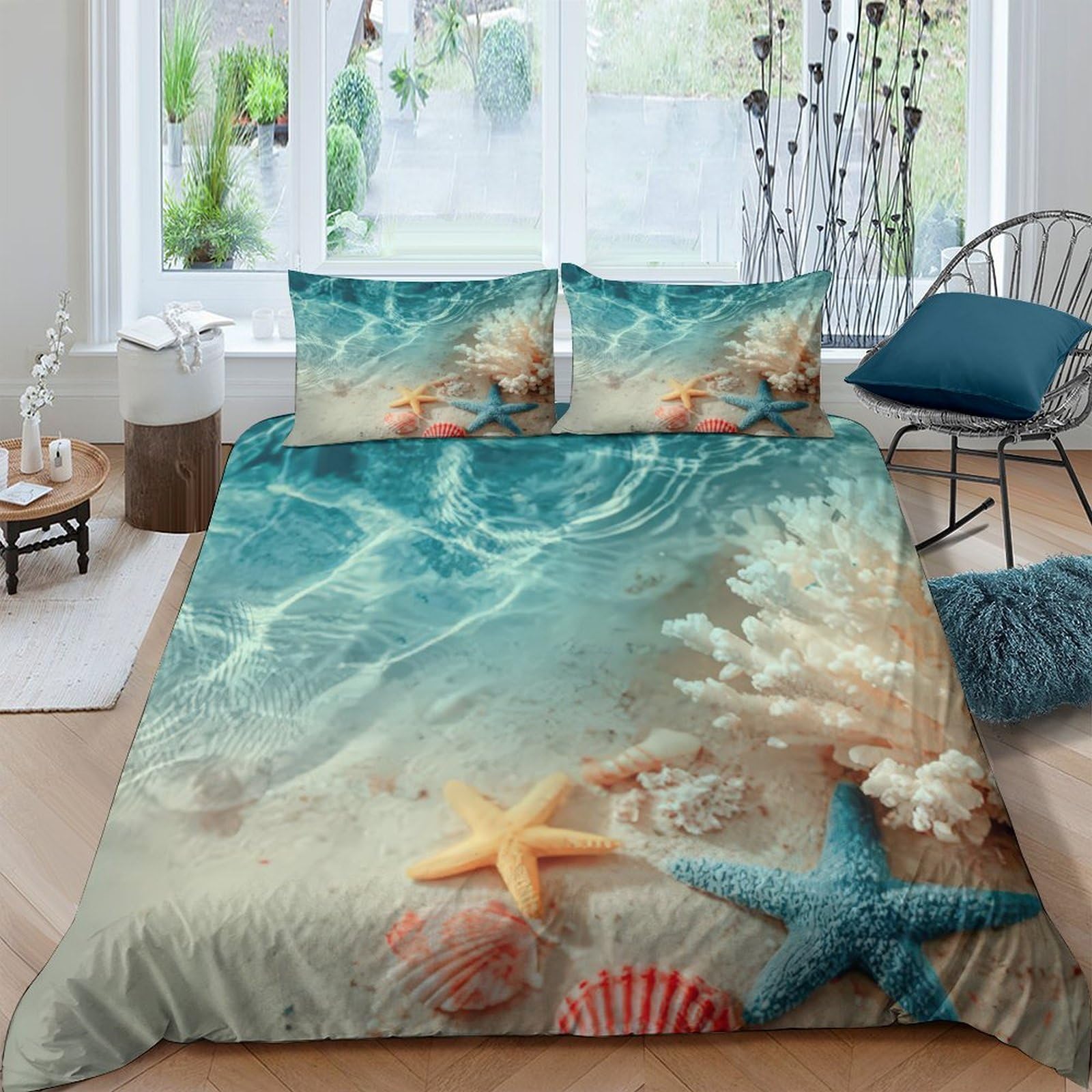 Ctjqhvkz Style-10 3D Printed Ocean Beach Fitted Sheet Microfiber Starfish Shell Bed Cover For Bedroom Guest Room Mattress Protection Decor Single（135X200cm）