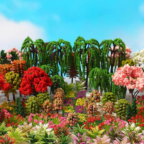 Libima 160 piezas de mini árboles modelo a granel de 1-5.1 pulgadas, árbol mixto de flores, tren, paisaje, arquitectura, colorido, falso, para