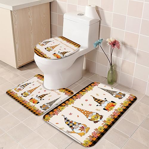 Bathroom Rugs Sets 3 Piece Bath Mat,Autumn Gnome Happy Thanksgiving Soft Non-Slip Bath Rug Set,Absorbent Shower Rugs Toilet Seat Cover U-Shaped