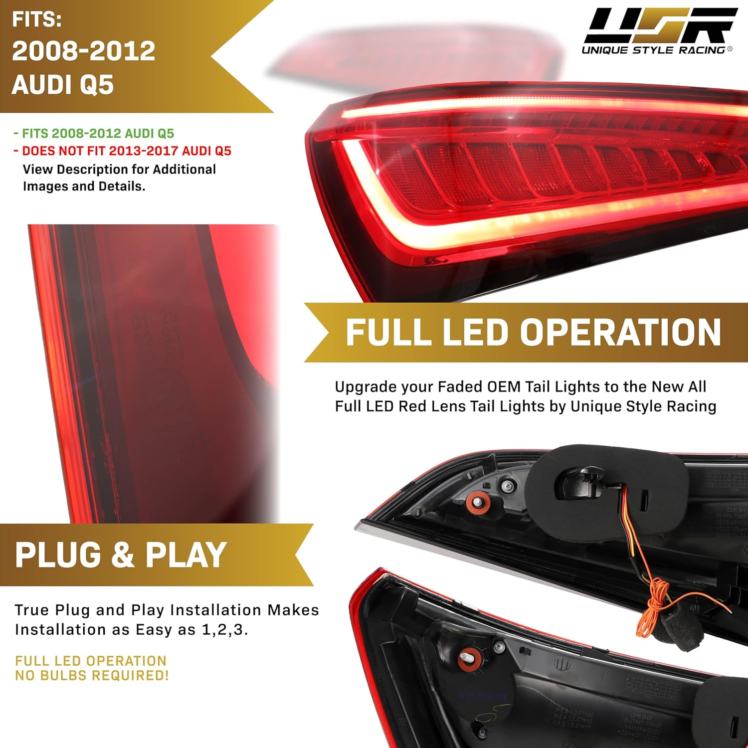 USR 08-12 Typ 8R SUV LED Light Bar UPGRADE Tail Light – Rear Tail Lamps Set (Left + Right) Pair - Compatible with 2008-2012 Audi Q5 (FACELIFT SQ5 STYLE LED TAIL LIGHTS)