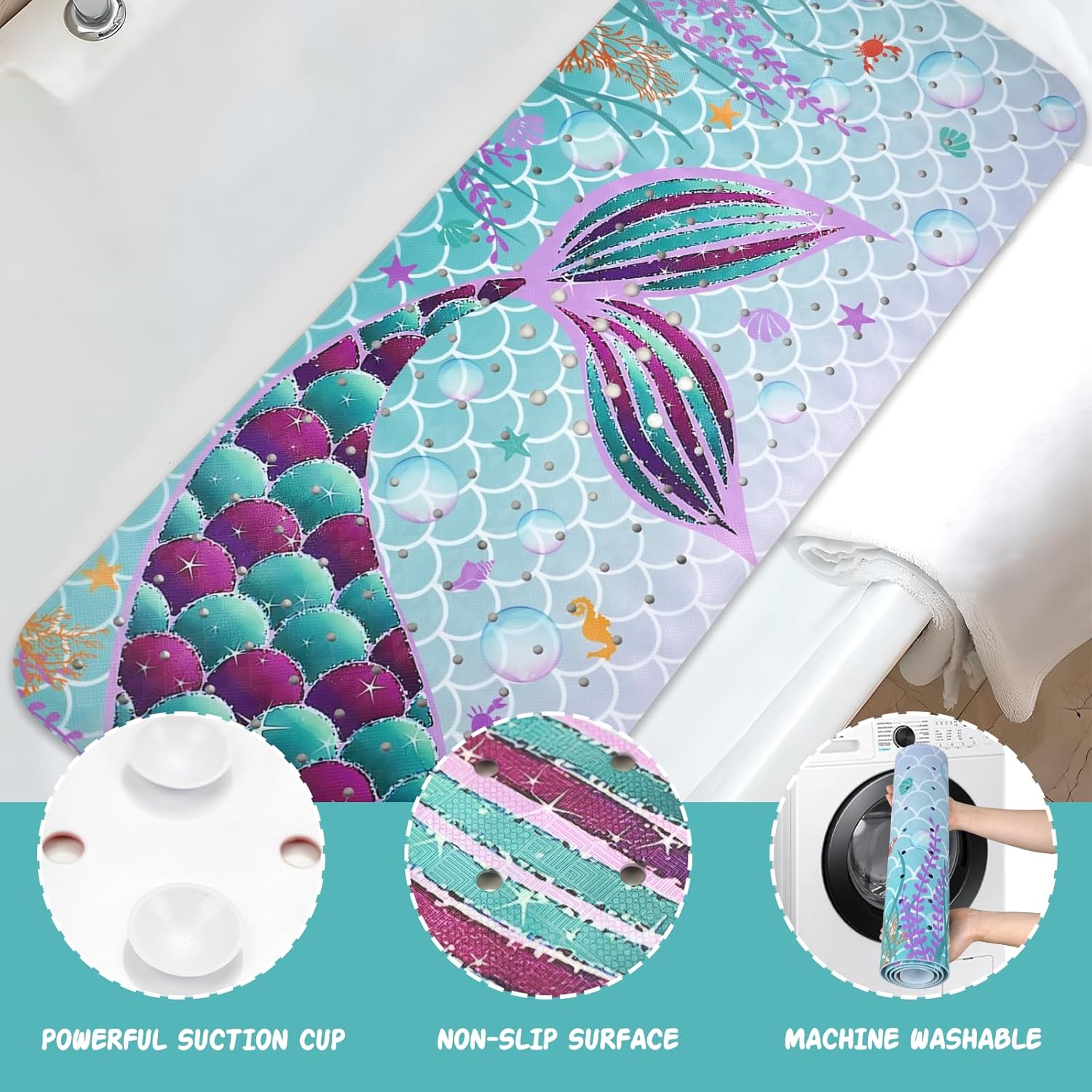 Mermaid Bathtub Mat Non Slip, Cute Baby Bath Mat for Tub Rubber Tub Mat, Kids Bath Mats for Bathroom Little Girls Anti Slip Shower Mat with Suction and Drain Holes Machine Washable, 40″X16″