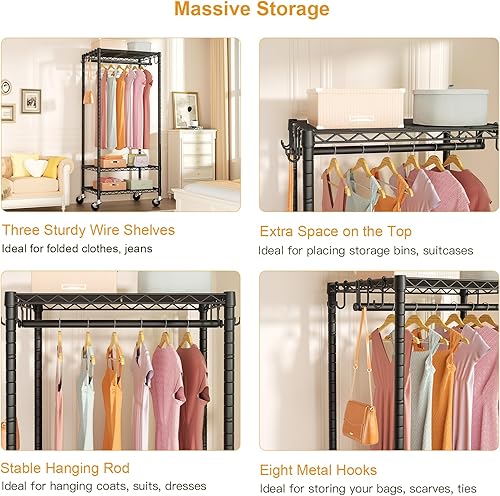 Miniatura 7 de FUTASSI P6 - Mini perchero con ruedas para colgar ropa, resistente y portátil, con ruedas, carga máxima de 360 libras, 23.6 pulgadas de ancho x 14