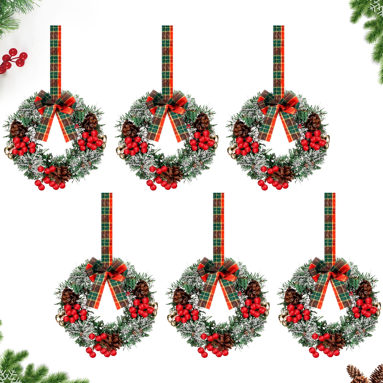 Lyrow Cabinet Wreaths for Kitchen Christmas Mini Wreaths with Ribbon Christmas Artificial Pine Cone Hanging Wreath Small Farmhouse Wreaths for Front Door Window(Red and Green, 6 Pcs)