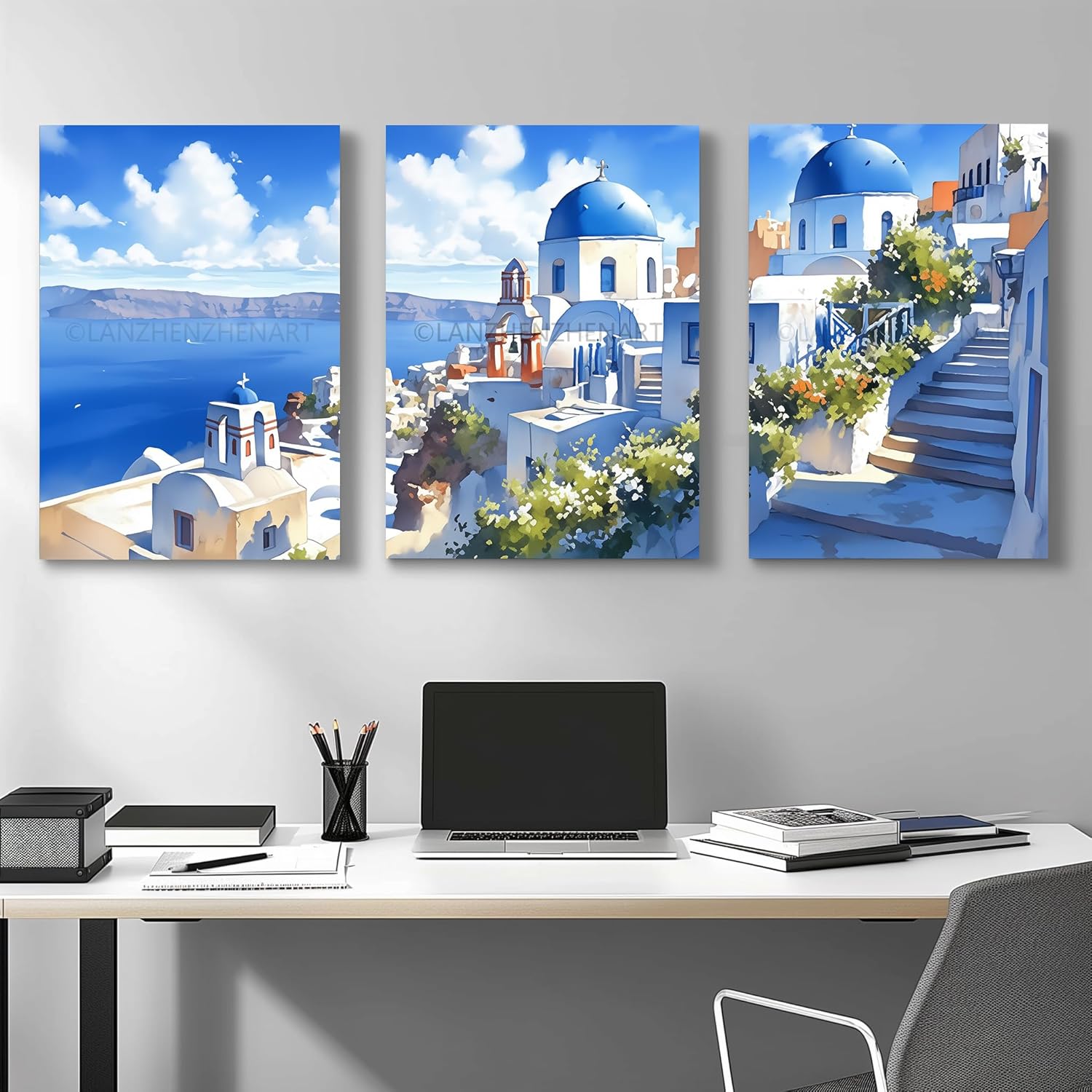 LANZHENZHENART 3Pcs Watercolor Santorini Greece Wall Art Santorini Travel Canvas Painting Prints For Home Dining Room Living Room Wall Decor Poster Artwork(12" x 18" x 3 Panels Framed)