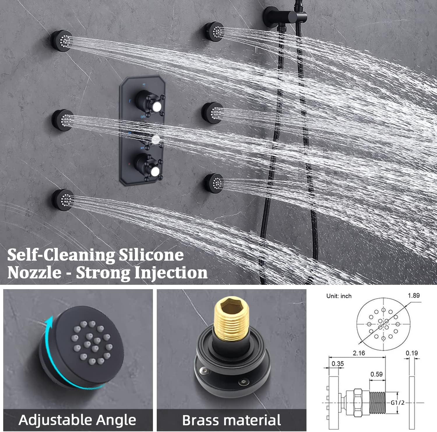 Thermostatic Shower Faucet Set Backnets Matte Black Rain Shower System with All Metal Body Jets and Hand Shower High Pressure Shower Combo Set for Bathroom