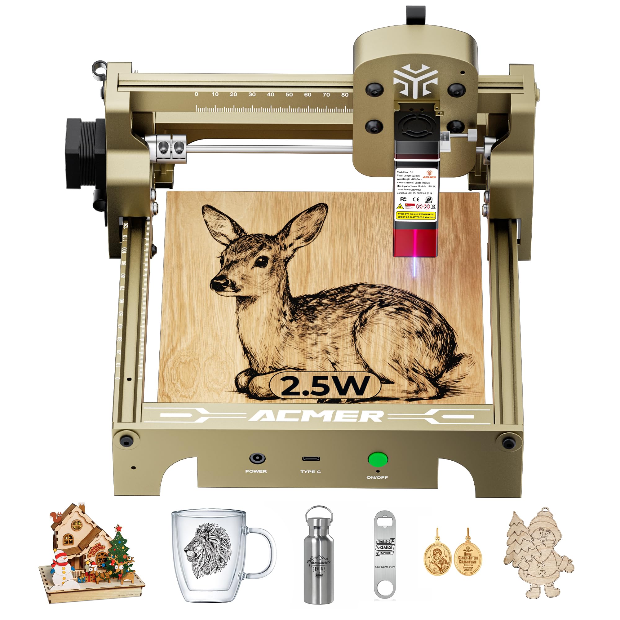 ACMER S1 Laser Engraver Machine, 2500mW Lazer Cutter for Wood and Acrylic | 0.04mm Fine Laser Spot, 130 x 130mm Working Area, Compact Desktop Design, Detailed Results for DIY Crafts and Small Projects
