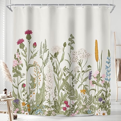 Miniatura 8 de Riyidecor Cortina de ducha con flores silvestres florales de oro blanco para decoración de baño, 72 pulgadas de ancho x 72 pulgadas de alto, hierbas