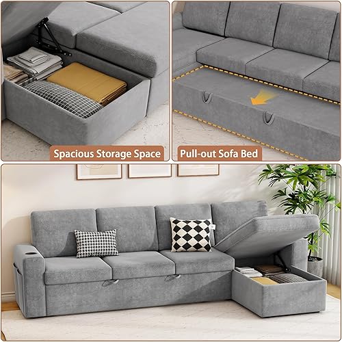 Miniatura 8 de wanan Sofá cama modular de 103 pulgadas con sofá cama extraíble, sofá convertible en forma de L con diván de almacenamiento, sofá cama de montaje