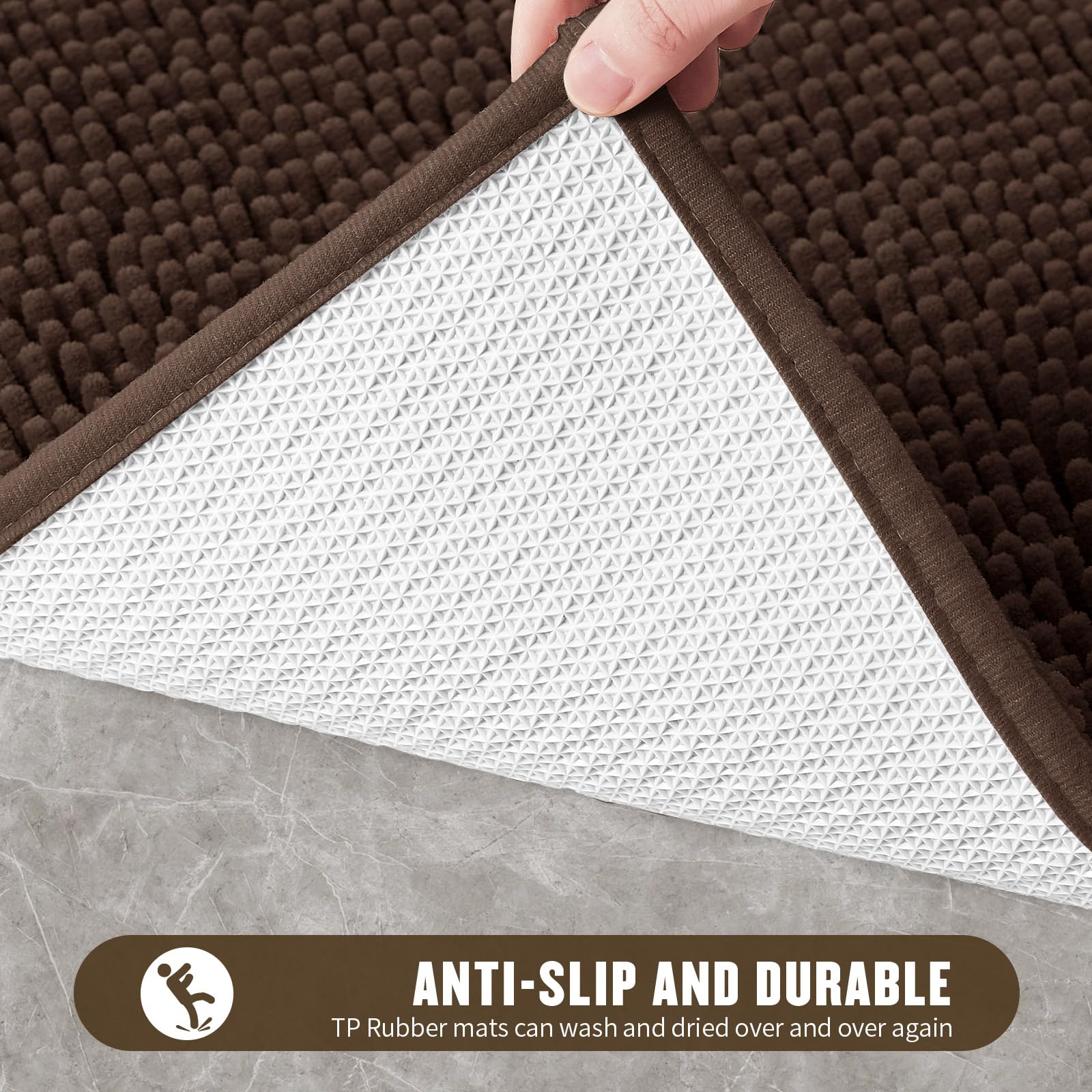 MitoVilla Lot de 2 tapis de salle de bain en chenille extra doux et absorbant – Tapis de bain antidérapant et épais à poils longs, marron, 50,8 x 81,3 cm