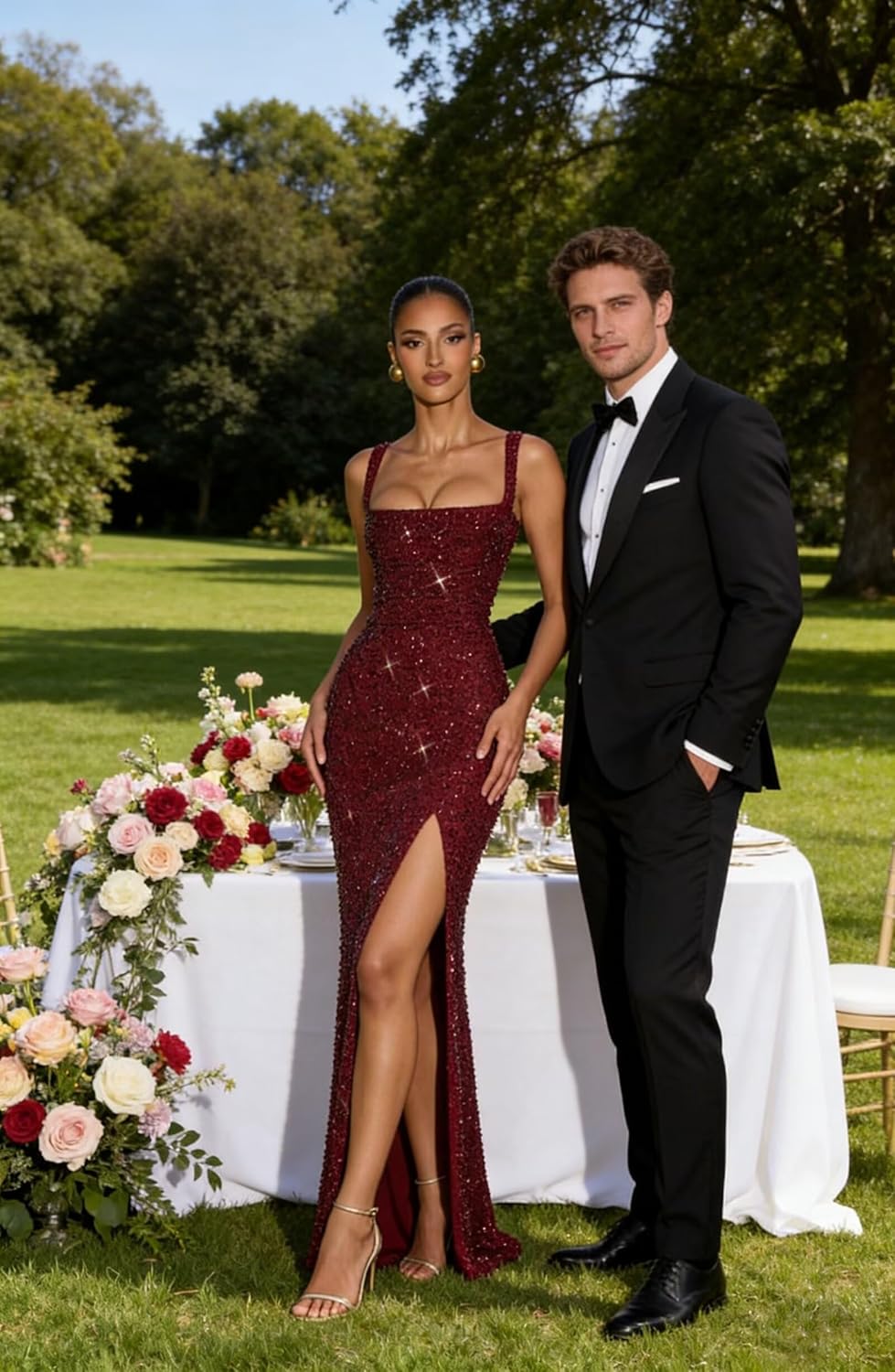 Sequin Mermaid Prom Dresses for Women 2026 Spaghetti Strap Square Neck Long Formal Evening Maxi Gowns with Slit - Image 2