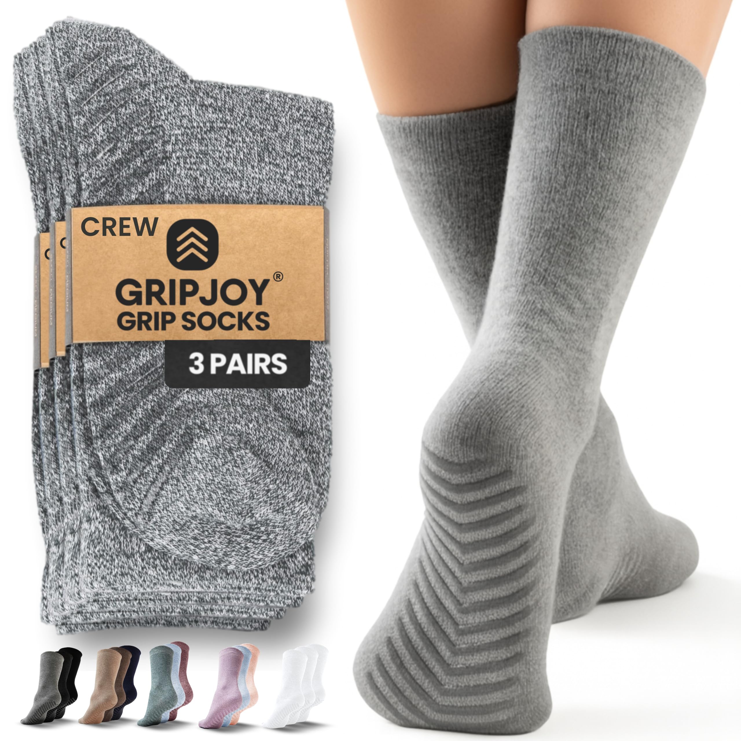 Gripjoy Grip Socks for Women, Grippy, Non Slip, Gripper Socks for Women & Men, Pilates, Yoga, Hospital, Non Skid, 3 Pairs, Crew, Gray