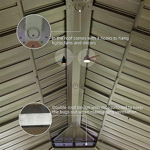 Miniatura 4 de UBGO Gazebo de techo rígido de 12 x 20 pies, pabellón permanente para exteriores con cortinas y redes, kioscos de grano de madera de aluminio para