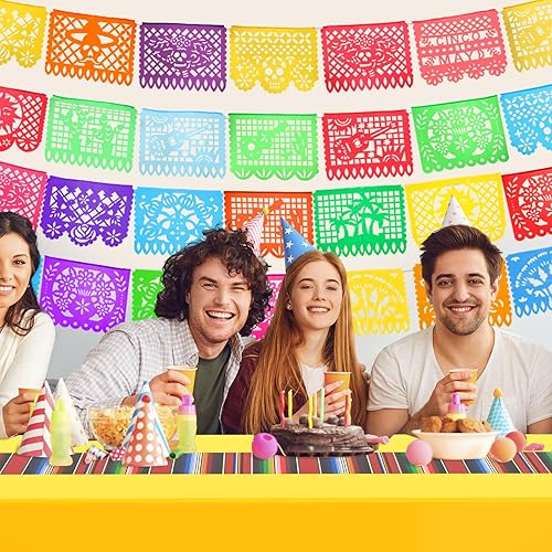 Vista 30 de Preboun Mantel de plástico mexicano y pancarta de papel picado mexicano, suministros de decoración de fiesta para mesas rectangulares, carnaval