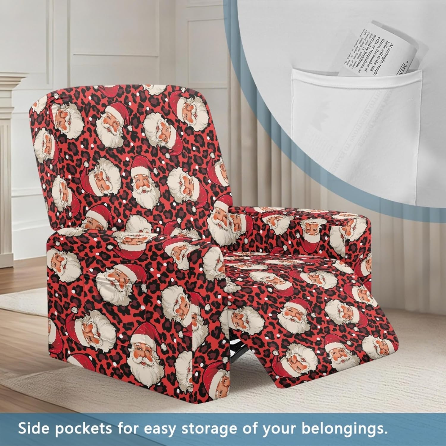 サンタクロース ストレッチ リクライニングチェアカバー クリスマス リクライニングチェアカバー 収納ポケット付き 洗濯可能 リクライ