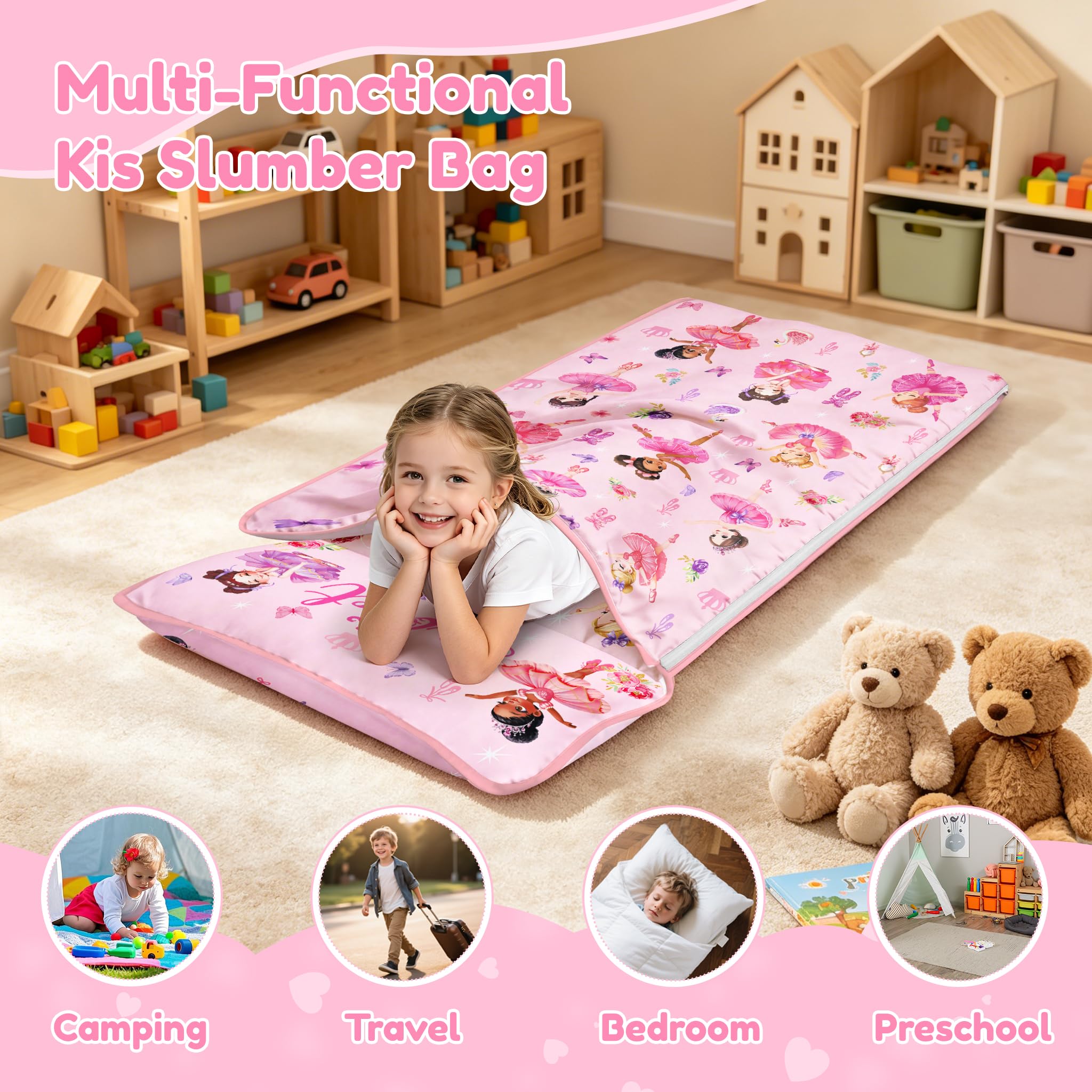 Kids Sleeping Nap Mat with Removable Pillow, 24×59 In Toddler Sleep Bag, ballet princess - Image 5