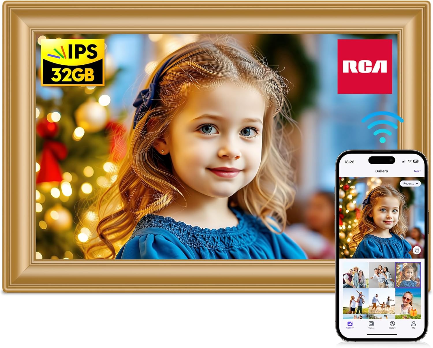 RCA 10.1-inch WiFi Digital Picture Frame displaying a child's photo, with a smartphone showing the Uhale app interface.
