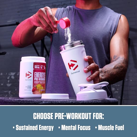 Dymatize Energyze Pre Workout Powder for Men and Women, Strawberry Lemonade, 150mg Caffeine, 5g BCAAs, Performance Blend of L-Theanine, L-Tyrosine, L-Citrulline, No Sugar (30 Servings)
