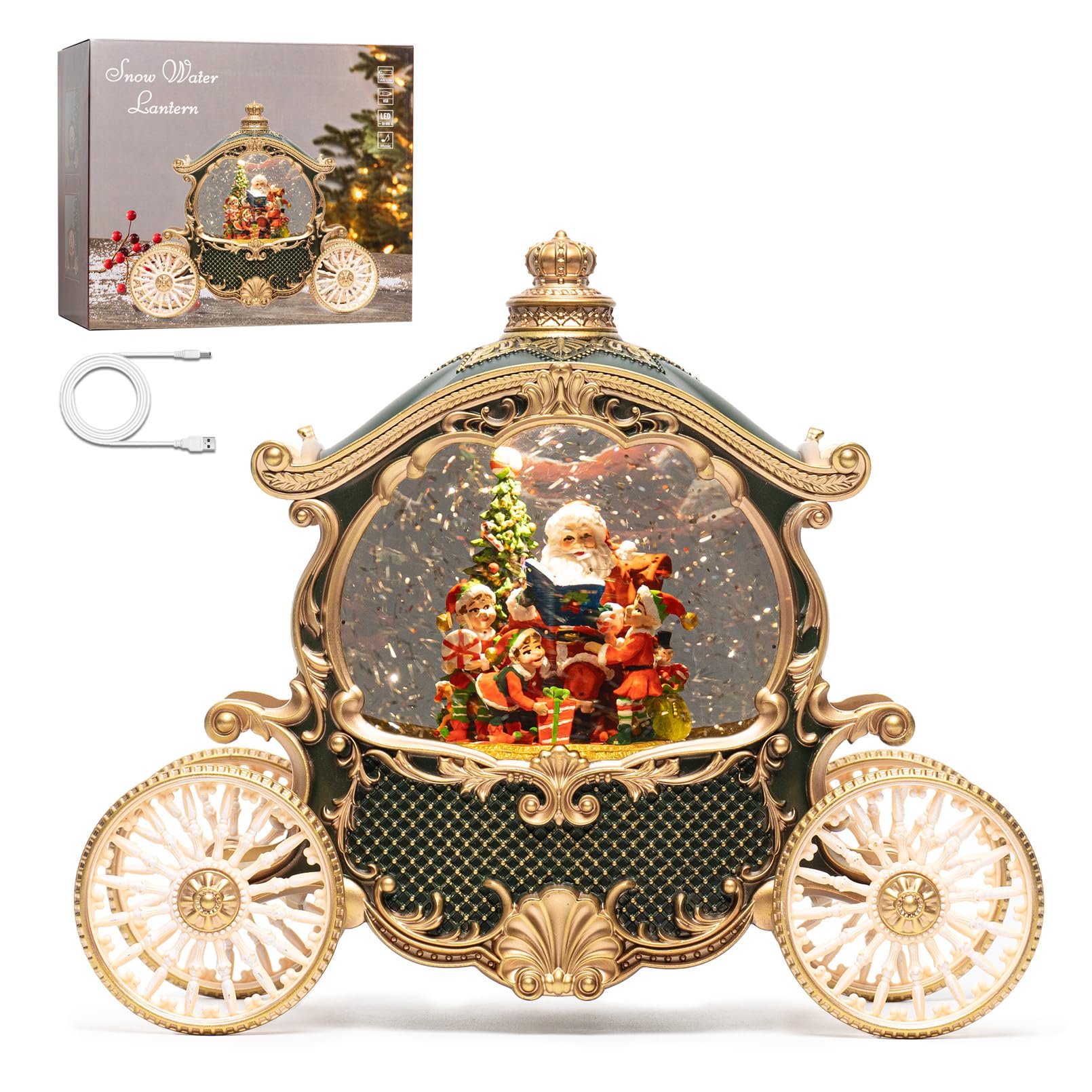 Christmas Carriage Snow Globe with Music - Christmas Snow Globes - Battery Or USB Cable Powered Operated (Green with Gold)
