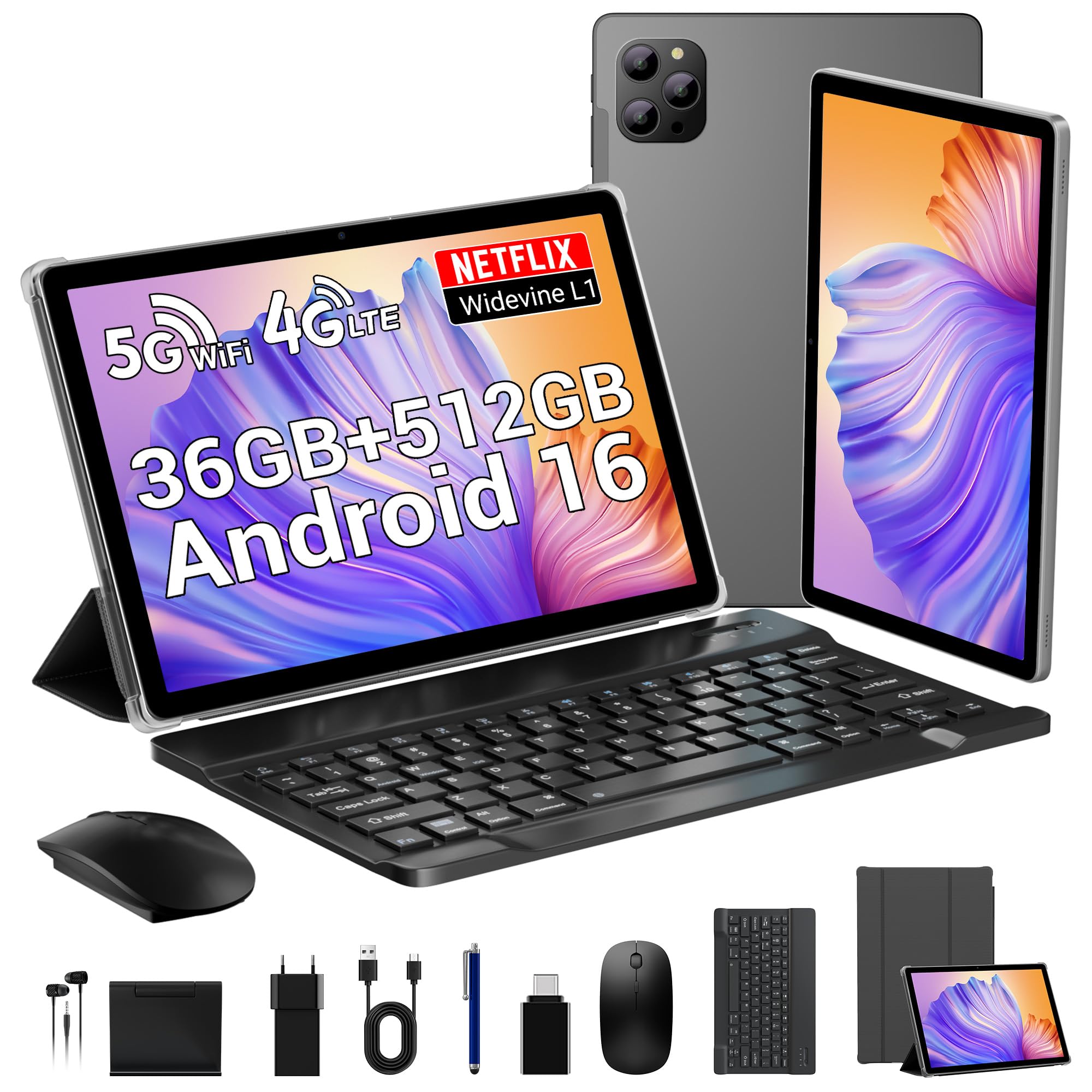 Tablet 11 Pollici Android 16 con Octa-Core 2.0GHz, 36GB RAM + 512GB ROM (2TB TF), 4G LTE/WiFi 5G, Gemini AI, Widevine L1, 8000mAh, 13MP+8MP, GPS, Face ID, Tablet con Tastiera/Mouse/Grigio
