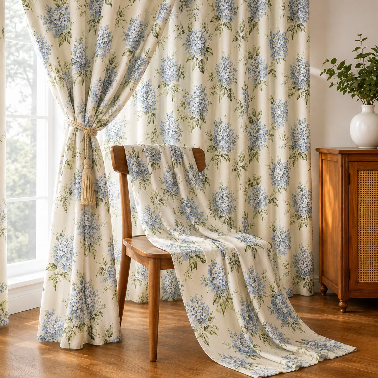 THE LINEN COMPANY Cotton Linen Extra Long Sheer Door Drapes, Semi Transparent Light Filtering Curtain with Rod Pocket, Elegant Privacy Panel for Home & Room, Flower Heven Blue, 10 Feet, Pack of 1