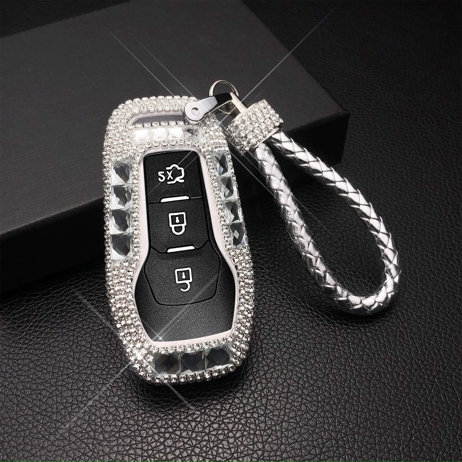 Bling Bling Luxury Crystal Diamond Key Fob Case Cover Keychain Kit for Ford Fusion F-150 Edge Explorer Mustang Lincoln MKZ MKC 3/4/5 Buttons Smart Key