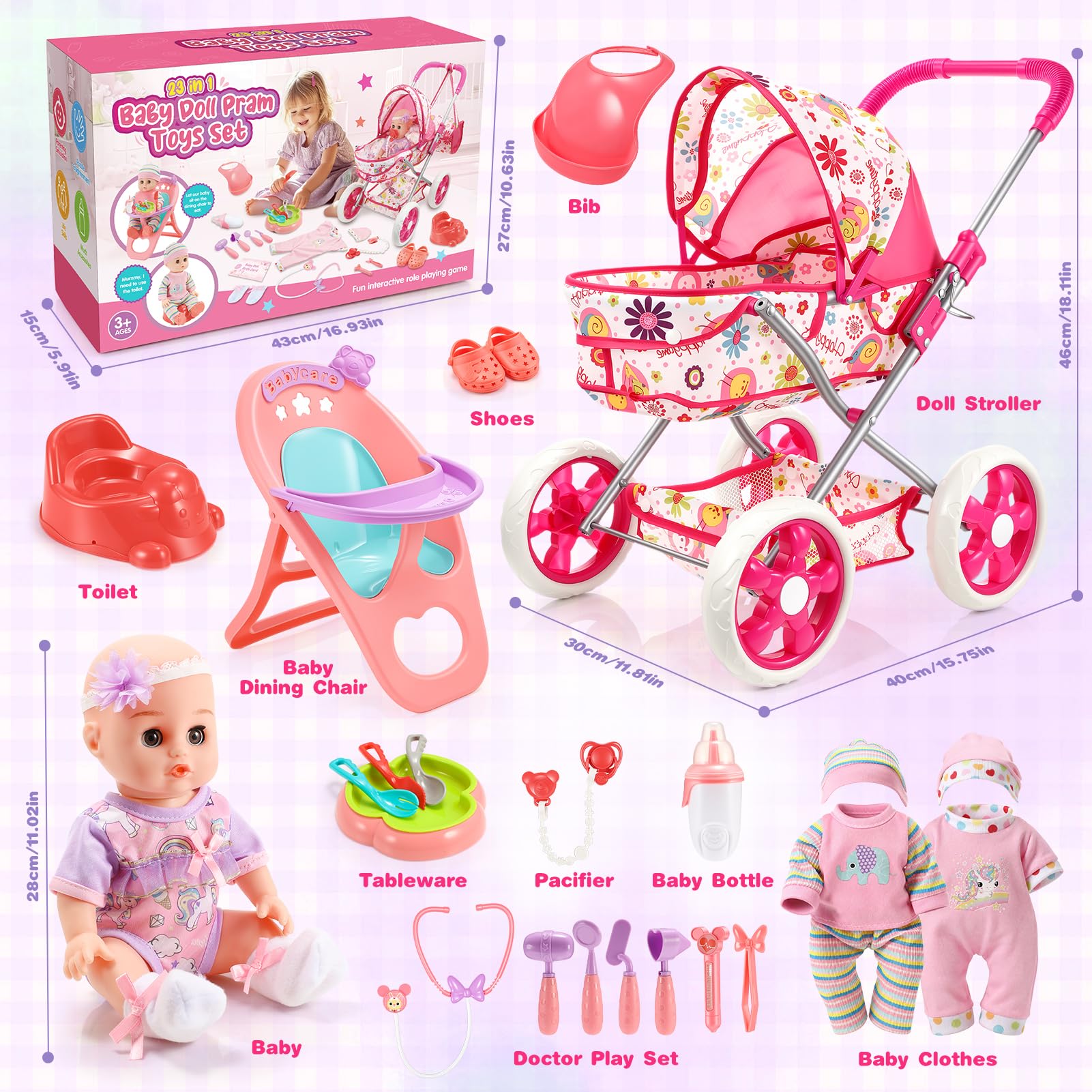 HappyGoLucky Passeggino con Bambola da 28 cm, Vestiti e Accessori Bambole Gioco di Ruolo Bambina 3-7 Anni Carrozzina per Bambole Regalo Bambina 2-8 Anni Giocattoli Bambino