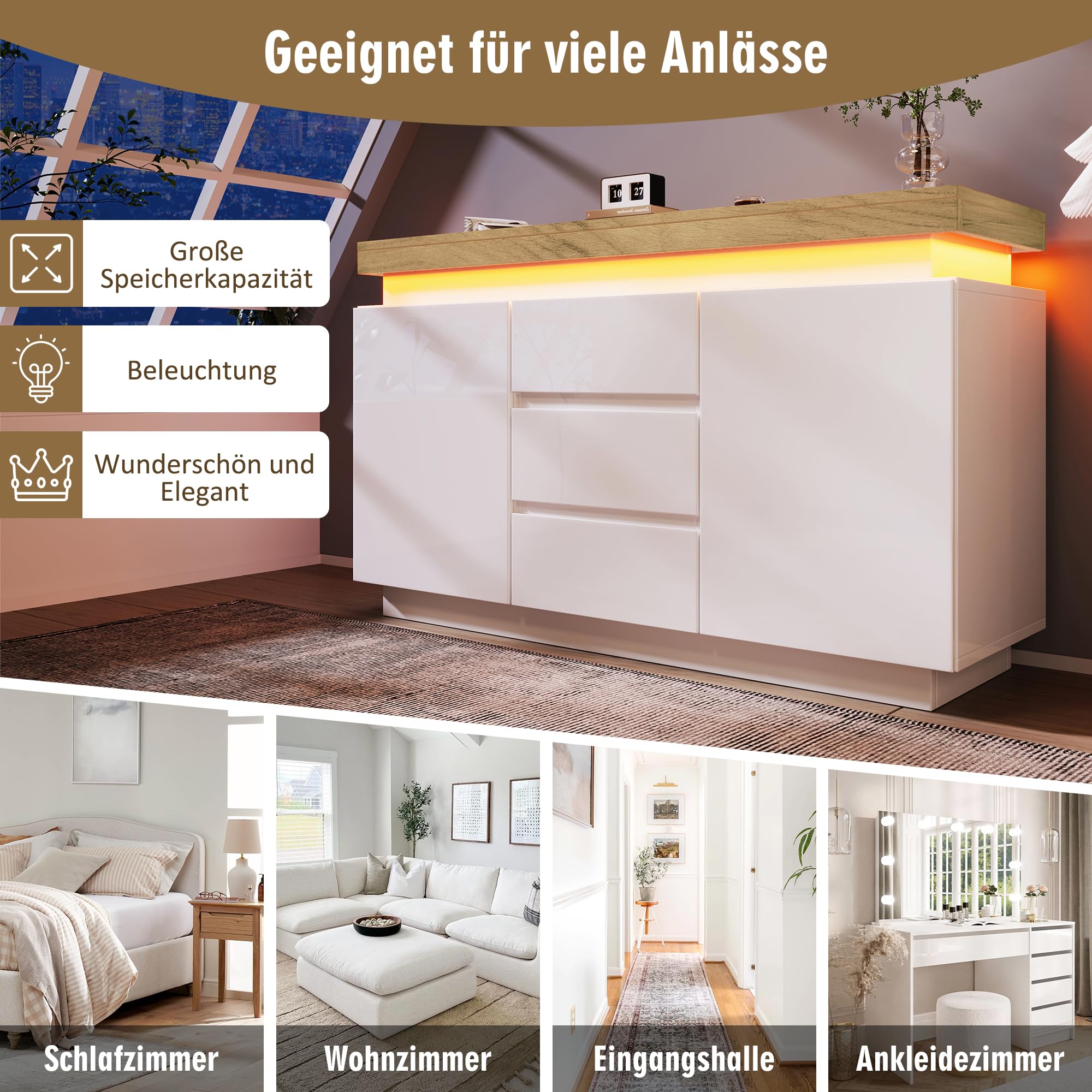Kayan Kommode, Hochglanz Sideboard mit 2 Türen und 3 Schubladen, LED Beleuchtung (App Control), Mehrzweckschrank für Wohnzimmer und Schlafzimmer, 140 x 39 x 81 cm, Weiß