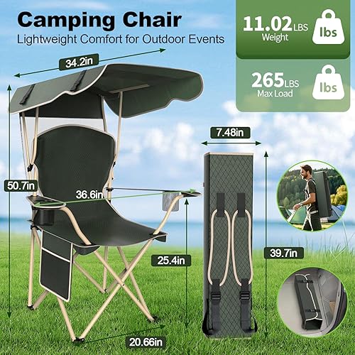 Miniatura 2 de Silla de camping portátil con dosel, silla plegable con toldo, silla Oxford 600D duradera para camping, playa, picnic, pesca y deportes