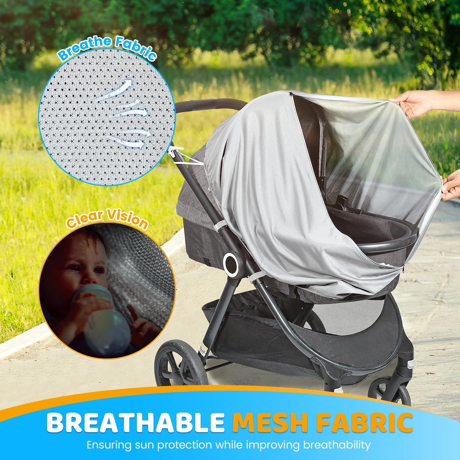 Orzbow Pram Sun Shade, Universal Sun Shade for Pram Breathable Stroller Sun Shade with Two-Way Zip, Strong Sun Shading - Image 4