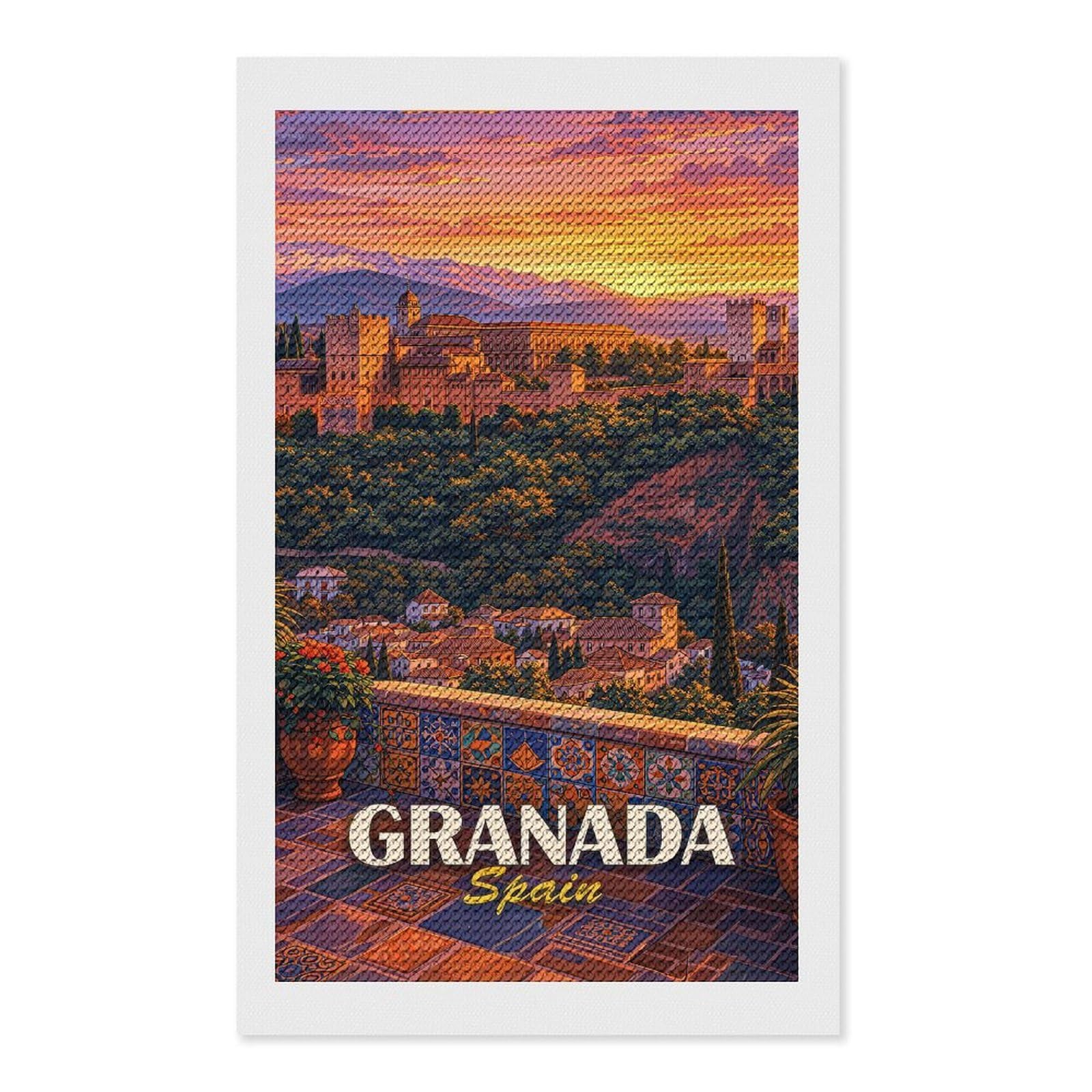 Junmoney Granada Spain Alhambra Sunset Round Drill Diamond Painting 12"x20", for Adults, Creative Leisure Activity, Office Decor, Holiday Gift Idea