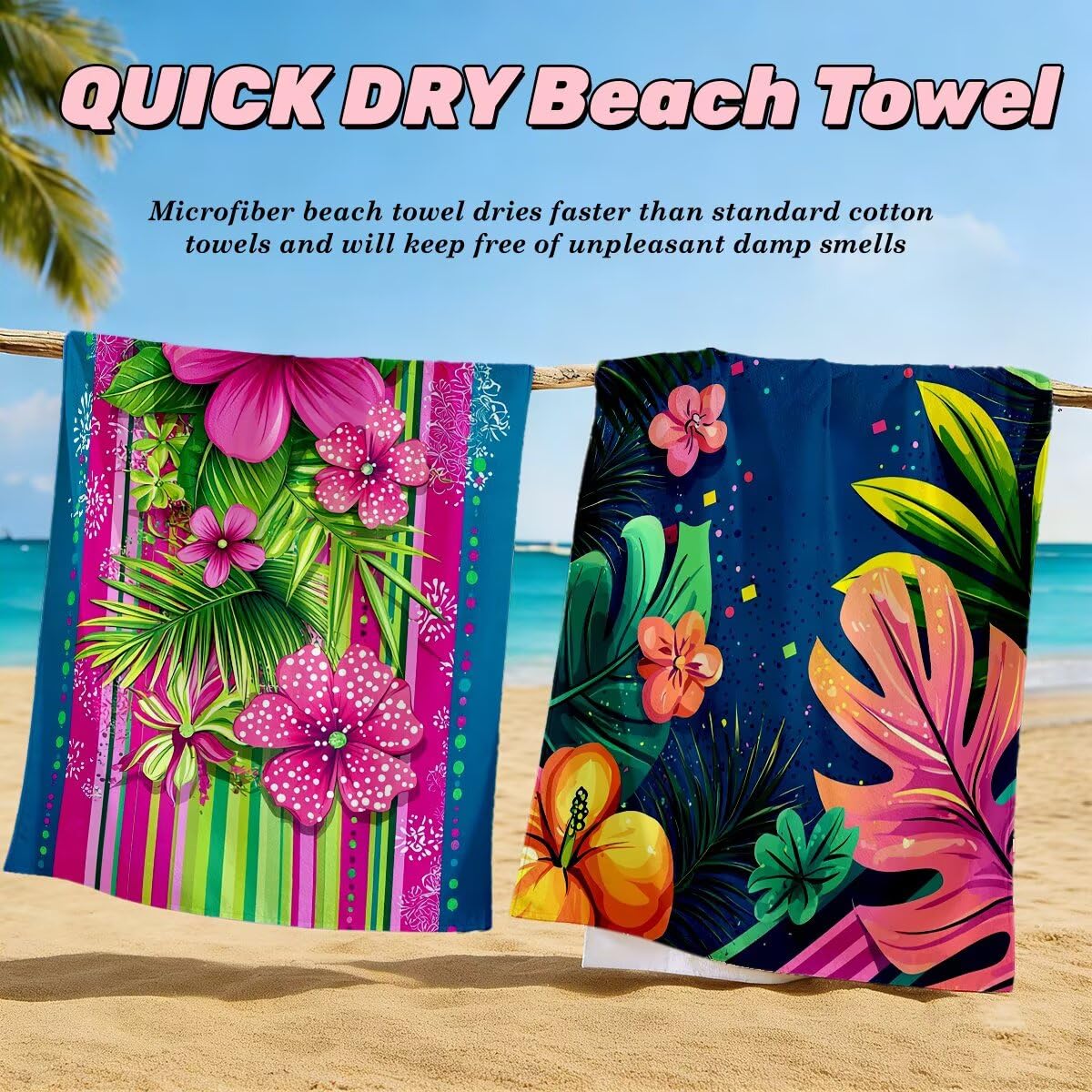 Serviette de Plage Microfibre, Lot de 2 Serviette de Bain Grande Taille 100x200 cm, Séchage Rapide Drap de Bain Fleur, Anti Sable Serviettes de Plage, Serviettes Microfibre Sport pour Travel -4580
