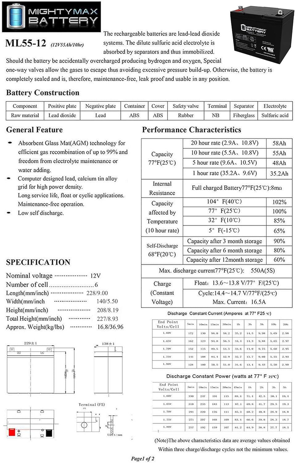 Mighty Max Battery 12V 55Ah Scooter Battery UB12550 Group 22NF for Pride Jazzy 1115-2 Pack Brand Product : Health & Household