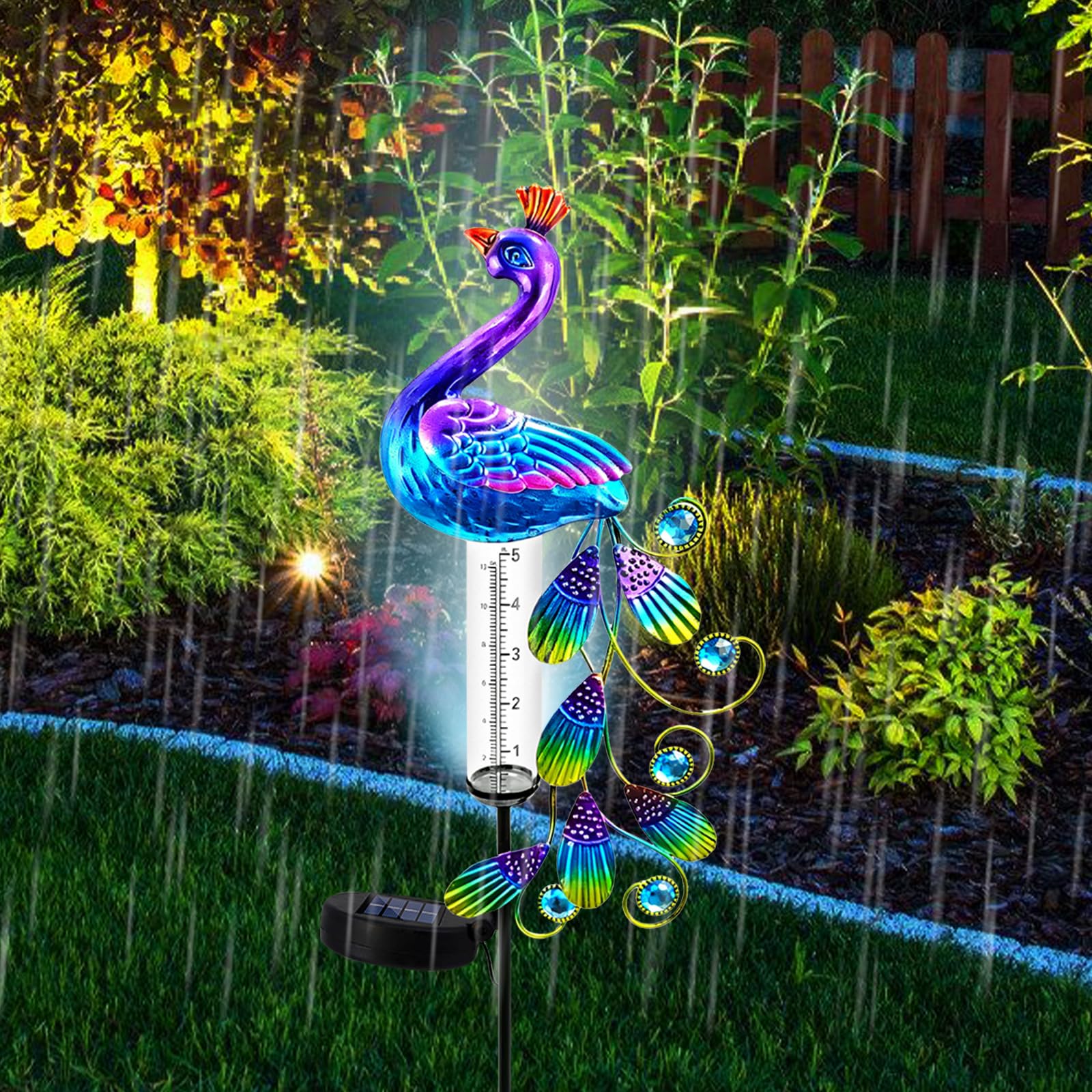BYZESTY Pluviometre Exterieur Jardin avec LED,H 102CM Pluviomètre pour Jardin,Pluviomètre De Jardin en Verre,Pluviomètres en Verre pour Pelouse,Patio,IP55,Energie Solaire,Jardin,Cour,Terrasse