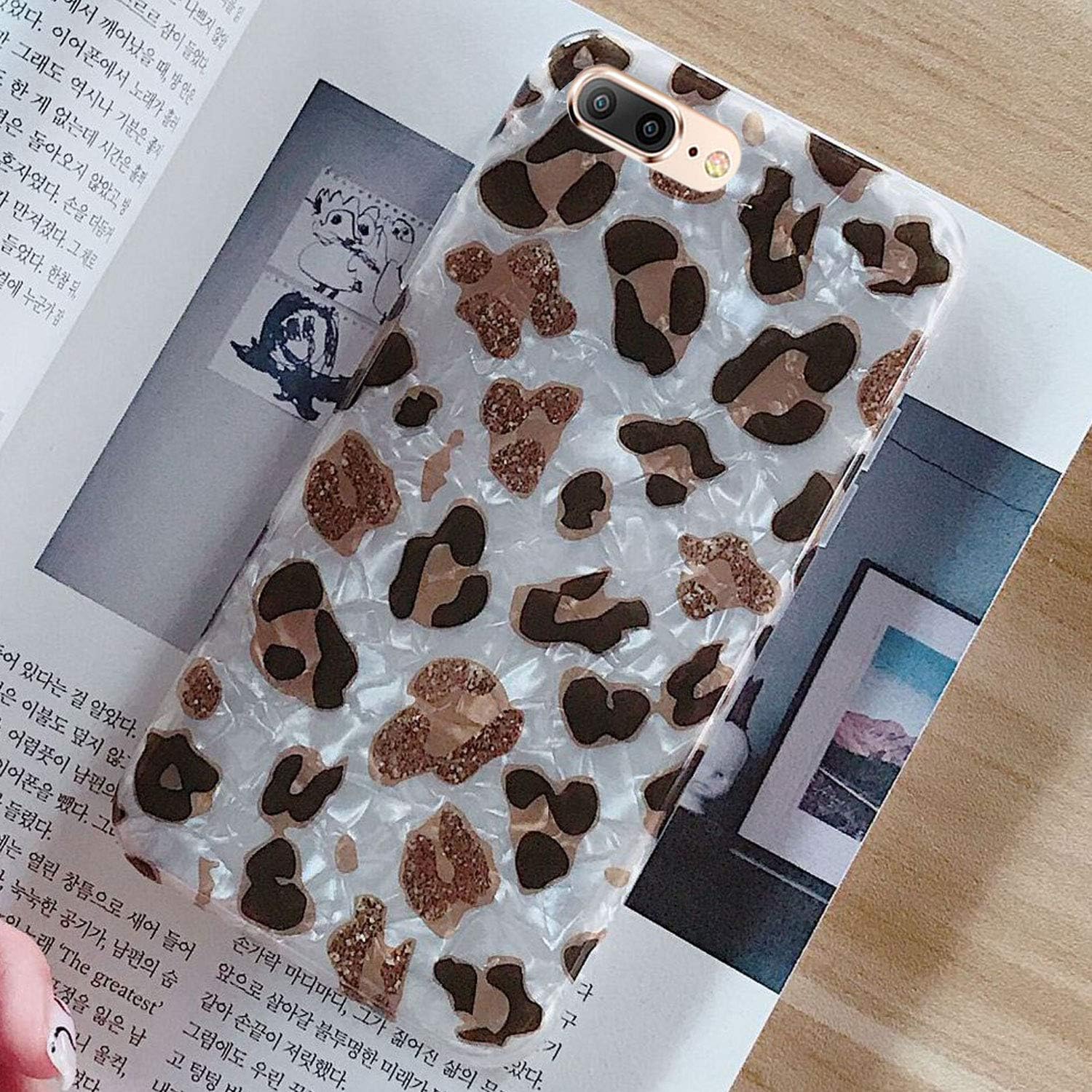 iPhone 8 Plus Case,iPhone 7 Plus Case, J.west White Leopard Cheetah Print Glitter Pearly-Lustre Translucent Sparkle Bling Crystal Clear Soft TPU Protective Cover for Girls Women-Sparkly