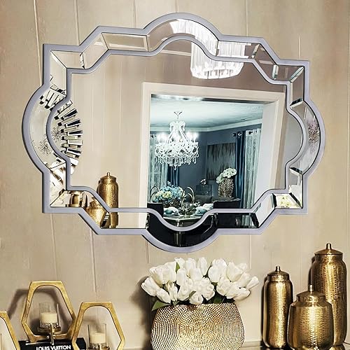 Miniatura 1 de Chende Espejo de pared decorativo para comedor, espejo de granja con marco de madera de bronce y vidrio biselado, espejo de baño irregular de 32 x