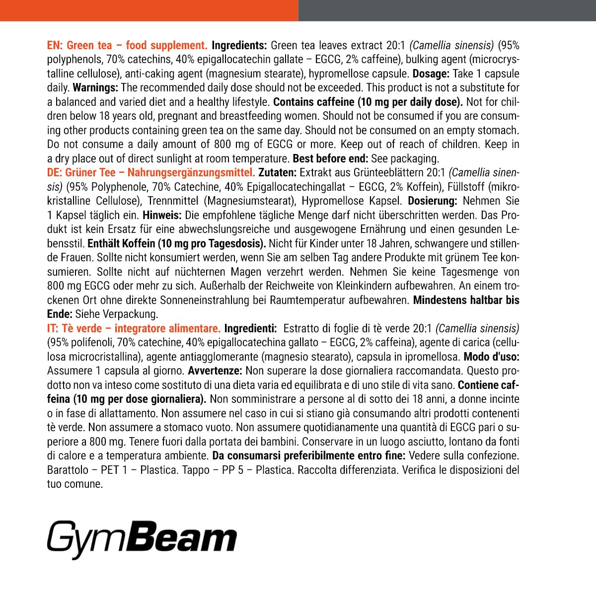 GymBeam Tè Verde - 500 mg - Integratore Naturale in Capsule con EGCG e Caffeina, Estratto 20:1 per Metabolismo, Controllo del Peso e Energia (120 cps)