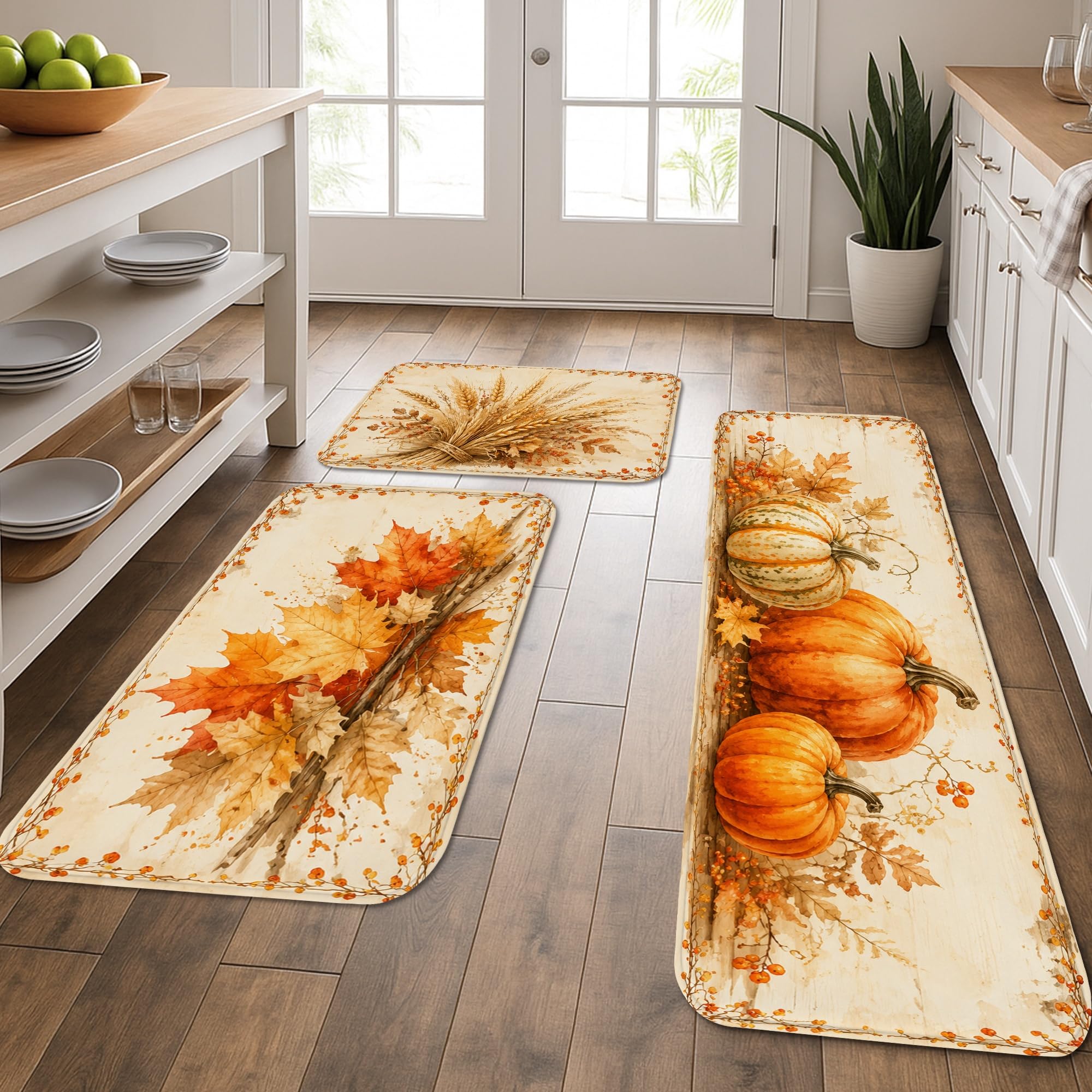Tapis de cuisine rustique orange lot de 3 lavable pour évier et couloir motif citrouille automne