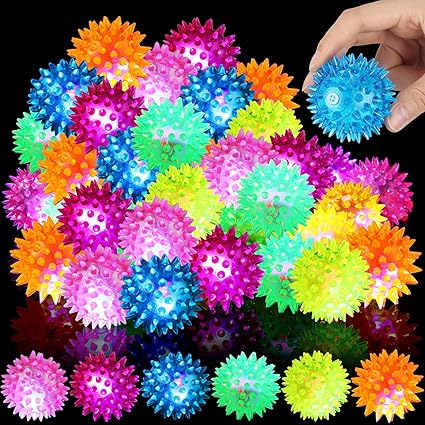 Light up Spike Rubber Ball Light up LED Spiky Ball Strobe Flashing Lights Sensory Toy Builder Blinking Sensory Bouncy Flash Stress Ball Therapy Balls for Adults, Teens, 2.17 Inch (100 Pack)